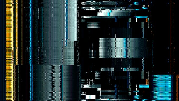 An abstract digital glitch art composition featuring horizontal bands of metallic blue, gold, and black lines with distorted digital artifacts.