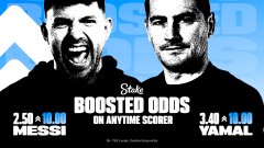 This image, featuring Sergio Agüero and Lamine Yamal, showcases "Boosted Odds on Anytime Scorer" on Stake, with odds for Messi at 2.50 to 10.00, and Yamal at 3.40 to 10.00. The post's mention of backing Yamal to "cook Messi" directly relates to these betting odds for the players.