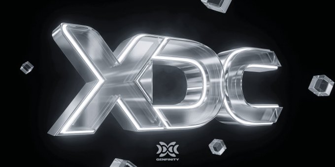 A 3D metallic chrome logo for 'XDC' with 'GENFINITY' branding at the bottom against a black background.