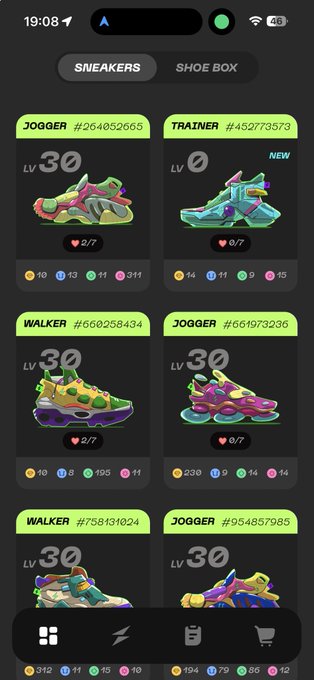 StepN-style move-to-earn sneaker inventory screen showing multiple LV 30 sneakers (Jogger, Trainer, Walker models) with various stats and attributes.