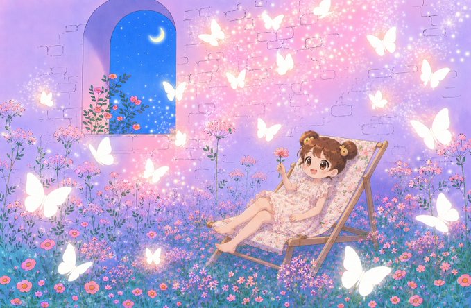 The image features a girl sitting in a chair, surrounded by flowers and butterflies. The scene appears to be set up as if she's in a fairy tale or magical garden. There are multiple butterflies flying around her, adding to the enchanting atmosphere of the scene. The girl is holding a flower, possibly enjoying the beauty of nature. The image also includes text that reads "@quipnetwork vaults 的 WOTS 验证系统时", which could be related to the content creator or an event happening in the background.