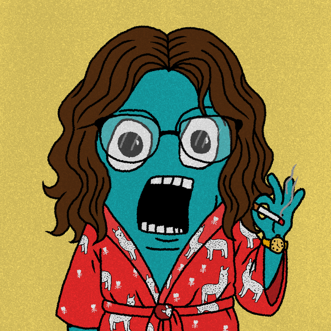 A cartoon illustration of a teal-skinned woman with brown hair, large round glasses, and an open mouth, wearing red pajamas patterned with white llamas while holding a lit cigarette.