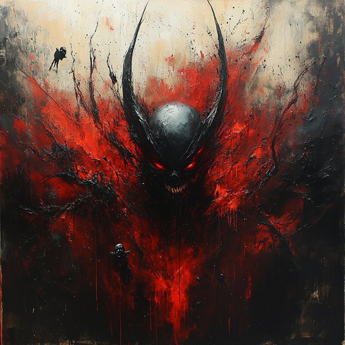 A dark, ominous painting of a demonic skull with large black horns and glowing red eyes, surrounded by red paint splatters and shadowy figures.