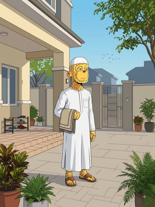 A cartoon illustration of a humanoid lion character wearing a white traditional robe and skullcap, holding a cloth while standing outside a modern house with a tiled patio.
