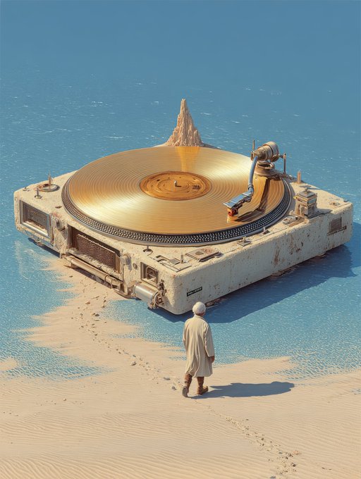 A figure in white robes stands on a sandy shore facing a massive, weathered golden turntable partially submerged in blue water, with a small sand spire rising from its center.