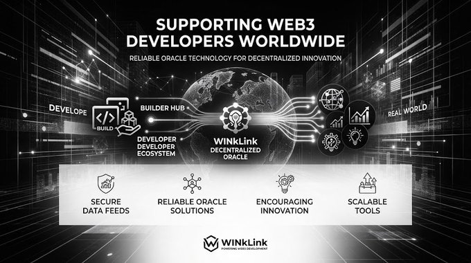 An infographic titled 'Supporting Web3 Developers Worldwide' promoting WINkLink decentralized oracle technology, highlighting features like secure data feeds, reliable oracle solutions, encouraging innovation, and scalable tools.