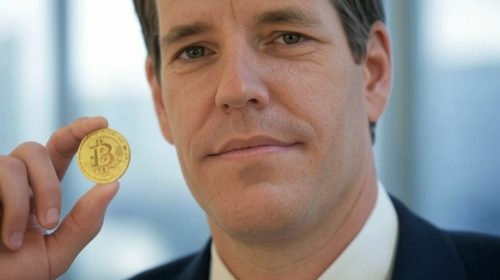 Cameron Winklevoss holds up a gold Bitcoin coin in a close-up portrait, visually emphasizing his bullish stance on cryptocurrency following the post's claim that Bitcoin's drop to $65,000 represents a "time machine" buying opportunity.