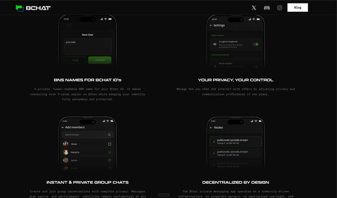 A dark-themed promotional webpage for BChat showcases four smartphone interface mockups demonstrating features like creating a new chat, privacy settings, adding members to group chats, and managing nodes, with text highlighting that BNS names provide human-readable identifiers for BChat IDs, ensuring privacy, secure group chats, and decentralized design by Beldex.