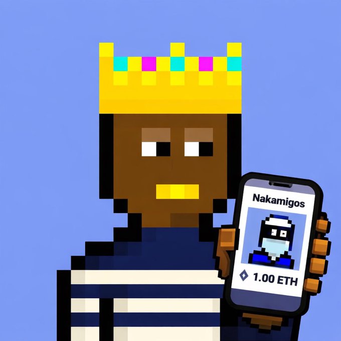 A pixel-art character wearing a golden crown holds a phone displaying a 'Nakamigos' NFT listing at '1.00 ETH' against a blue background.