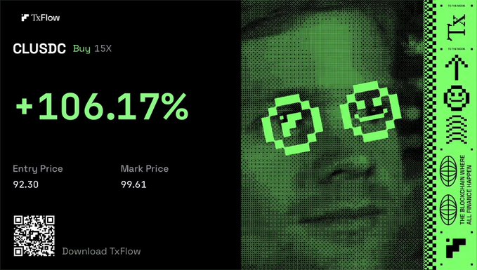 A green-themed crypto trading graphic for CLUSDC on TxFlow showing a gain of +106.17%, with an entry price of 92.30 and a mark price of 99.61, alongside a stylized face with pixelated sunglasses.