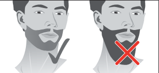 An illustration comparing two men's beard styles, showing a neatly groomed beard with a checkmark on the left and an overgrown beard with a red X on the right.