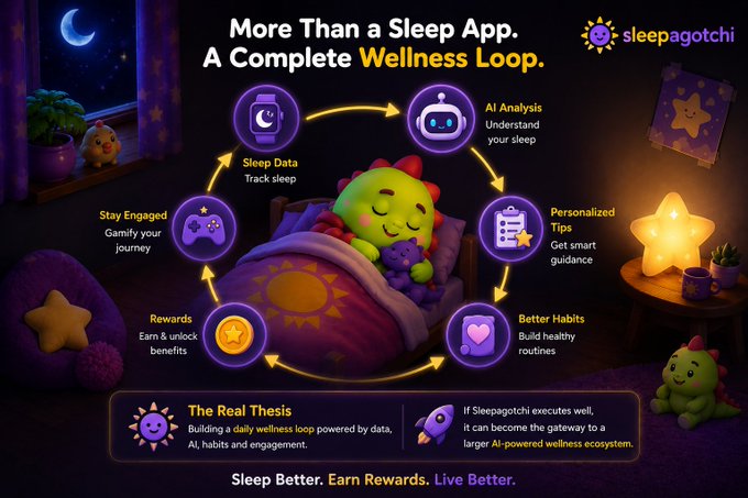 Sleepagotchi's promotional graphic titled "More Than a Sleep App. A Complete Wellness Loop" illustrates a six-step cyclical wellness ecosystem featuring a green dinosaur character in bed, with stages including Sleep Data, AI Analysis, Personalized Tips, Better Habits, Rewards, and Stay Engaged, supported by the tagline "The Real Thesis: Building a daily wellness loop powered by data, AI, habits and engagement."