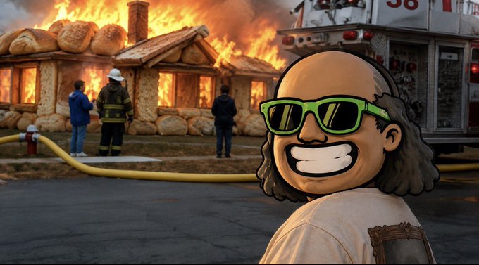 A cartoon character with a big smile and green sunglasses is superimposed over a photo of a house made of bread on fire, with firefighters and a fire truck at the scene.