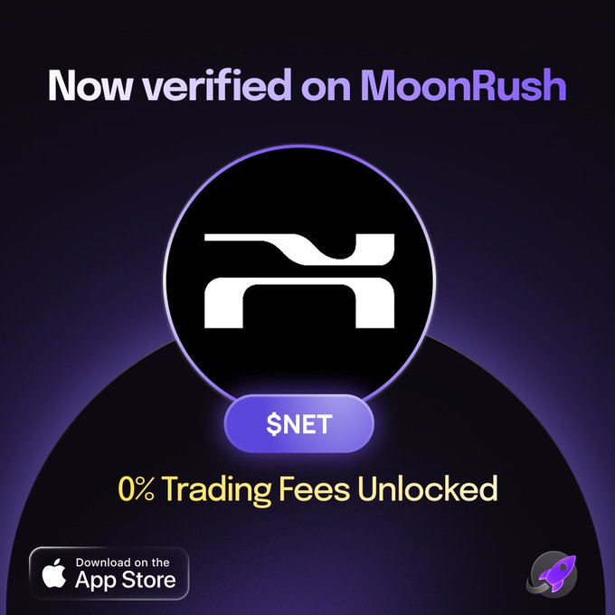 The image features a logo for Moon Rush, which has been updated with a new design or feature. The text below the image reads "NET", "0% Trading fees locked", and "0% Trading fees unlocked". This suggests that a new app named "NET" is available to users at this time. The app seems to be an online trading platform, offering users the opportunity to invest in cryptocurrency like Bitcoin or Ethereum with low trading fees.
