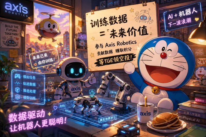A promotional graphic for 'Axis Robotics' featuring a robot, Doraemon, and Chinese text including '训练数据 = 未来价值' (Training data = future value) and '未来已来 由你训练' (The future is here, trained by you).