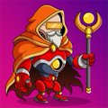 A pixel art character of a white-bearded wizard in a red robe holding a golden staff, set against a solid purple background.