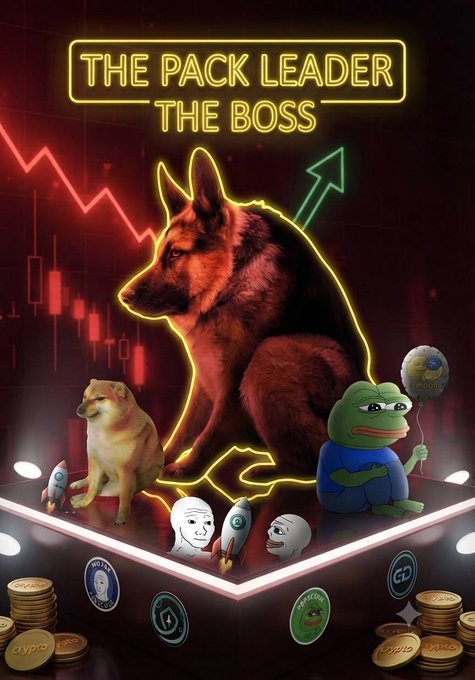 The image displays a neon-styled crypto trading scene titled "THE PACK LEADER THE BOSS," featuring a German Shepherd outlined in yellow neon at the center, surrounded by doge meme characters, pepe the frog, wojak faces, and stacks of "Crypto" coins on a platform. In the background, red candlestick charts and a downward-trending arrow symbolize bearish market action, visually reinforcing the post's message about the necessity of short positions ($Shooort) alongside longs ($Looong) in crypto trading.