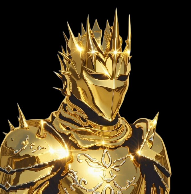 A detailed 3D render of a knight wearing ornate, shiny gold armor with a spiked helmet against a black background.