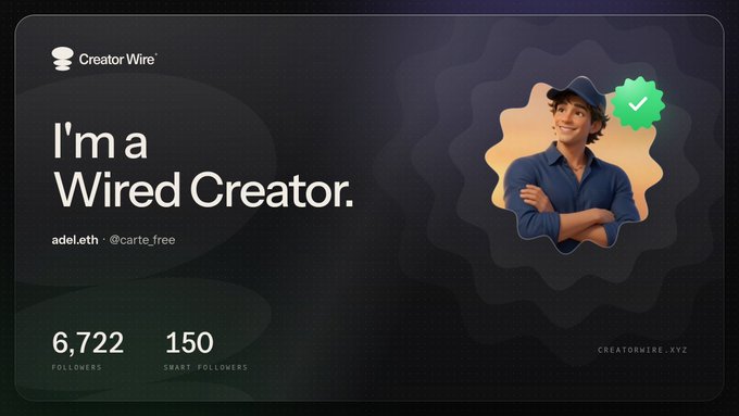A Creator Wire profile banner reading 'I'm a Wired Creator' with the username 'adei.eth @carte.free', showing 6,722 followers and 150 smart followers, alongside a 3D avatar of a smiling person in a blue shirt and cap.