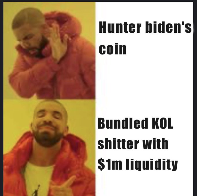 The image is a "Drake Hotline Bling" meme comparing two crypto sentiments, with Drake rejecting "Hunter biden's coin" and approving "Bundled KOL shitter with $1m liquidity." The "CT right now" context suggests crypto Twitter is dismissing politically-themed coins in favor of speculative low-liquidity influencer tokens.