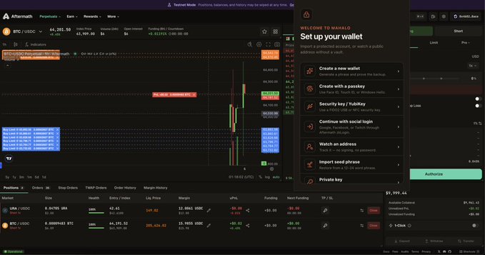 A screenshot of a cryptocurrency trading interface on Aftermath, featuring BTC/USDC charts and a 'WELCOME TO MANA10' wallet setup pop-up on the right.