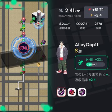 Mobile game screenshot showing a 2.41km walk completed on 2026/07/26, with the user 'AlleyOop11' reaching level 41 in 'H-III' and earning absorption rate +2.4.