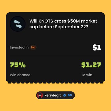 A prediction market card on a yellow background asks 'Will KNOTS cross $50M market cap before September 22?' showing a 75% win chance by user 'kerrylegit'.
