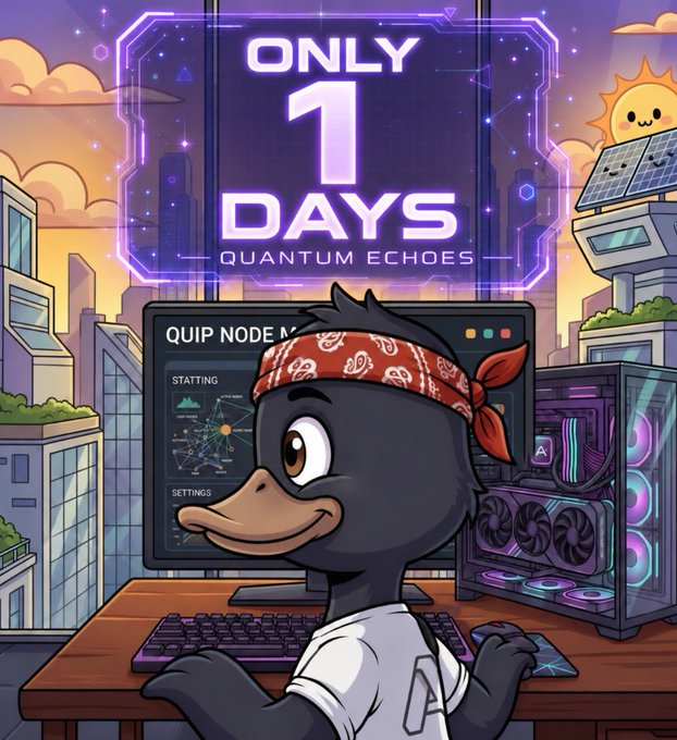 An illustration of a cartoon platypus wearing a red bandana sitting at a computer setup, with a neon sign in the background reading 'ONLY 1 DAYS QUANTUM ECHOES' and a monitor showing 'QUIP NODE'.