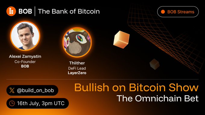 A promotional graphic for the "Bullish on Bitcoin Show" featuring Alexei Zamyatin (Co-Founder of BOB) and Thlither (DeFi Lead at LayerZero), scheduled for 16th July at 3pm UTC under the X handle @build_on_bob, advertising an episode titled "The Omnichain Bet" that aligns with the post's announcement of their upcoming discussion on LayerZero's cross-chain infrastructure.