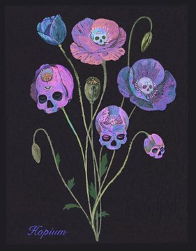 An artistic illustration features purple and blue poppy flowers with skulls emerging from their centers against a black background, with the artist's signature 'Kopium' in the bottom corner.