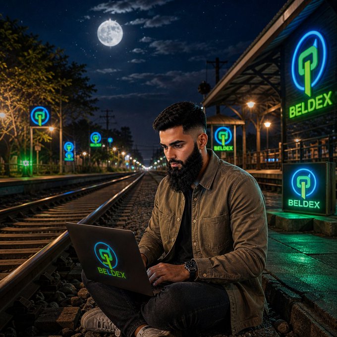 A man with a beard sits cross-legged on a train platform at night working on a laptop with the 'BELDEX' logo, with illuminated Beldex signs lining the platform under a full moon.