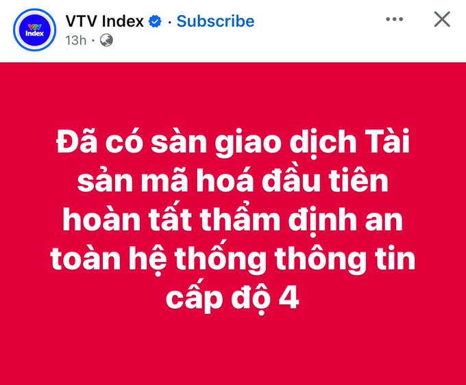 A screenshot of a verified “VTV Index” post says in Vietnamese: “Đã có sàn giao dịch Tài sản mã hóa đầu tiên hoàn tất thẩm định an toàn hệ thống thông tin cấp độ 4.”