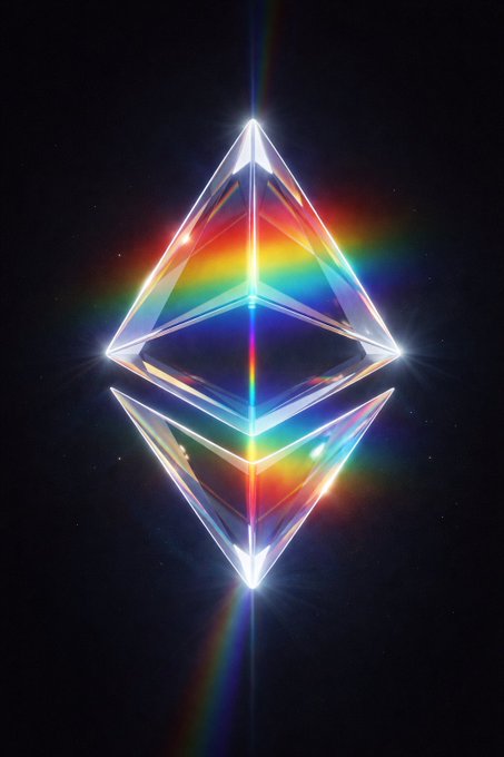 A glowing 3D Ethereum logo made of transparent crystal refracts a spectrum of rainbow colors against a dark background.
