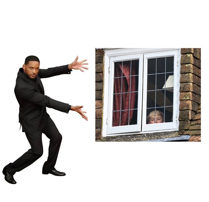 A man in a black suit strikes a dynamic pose with arms outstretched toward a window where a child is peering out, all set against a white background.