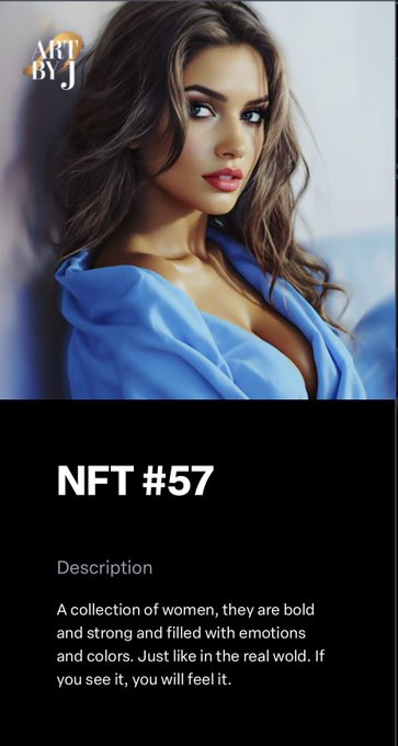An NFT digital artwork titled 'ART BY J' (NFT #57) depicting a portrait of a woman in a blue garment, described as 'A collection of women, they are bold and strong and filled with emotions and colors.'