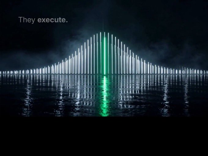 A dark scene shows vertical white light pillars reflected on water with a single green pillar in the center, accompanied by the text "They execute."