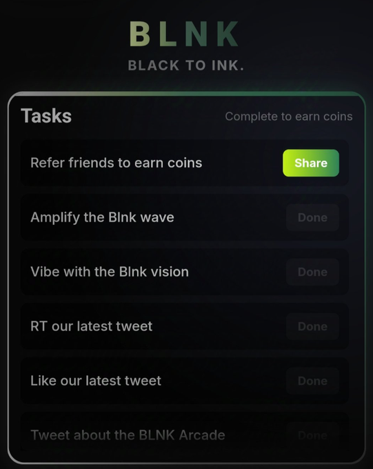 A mobile app screen for BLNK with the tagline 'BLACK TO INK.' displaying a 'Tasks' section to complete and earn coins, including options to 'Refer friends,' 'Amplify the BInk wave,' 'Vibe with the BInk vision,' and various tweet-related tasks.