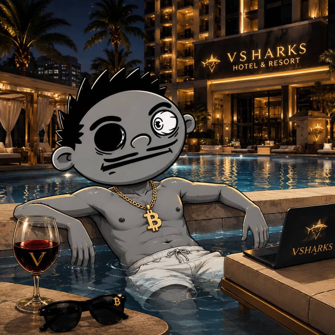 A cartoon-style character with gray skin, a Bitcoin chain, and sunglasses lounging in a pool at the 'VSHARKS HOTEL & RESORT' with a laptop and wine glass.