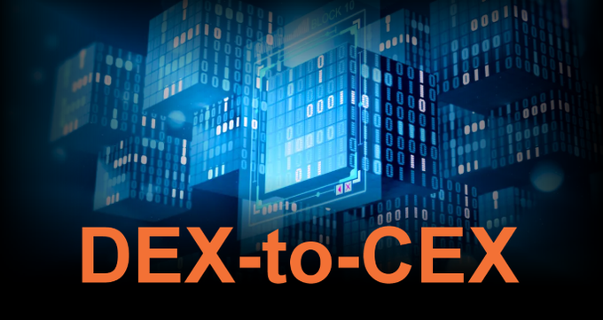 A blue-toned digital graphic with floating cubes displaying binary code, featuring the large orange text "DEX-to-CEX" at the bottom.