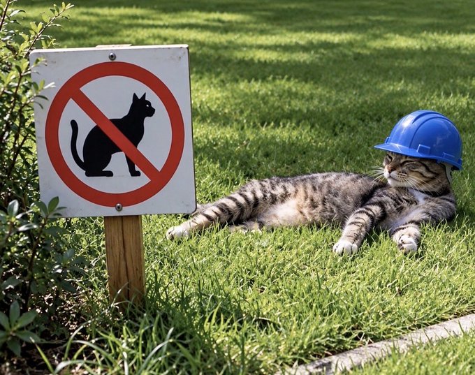 A tabby cat wearing a blue hard hat lying in the grass next to a sign displaying a 'no cats' symbol.