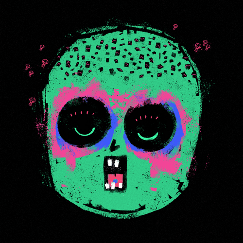 A stylized, colorful skull graphic with green skin, black eyes with green irises, and pink and blue accents around the eye sockets is displayed against a black background.