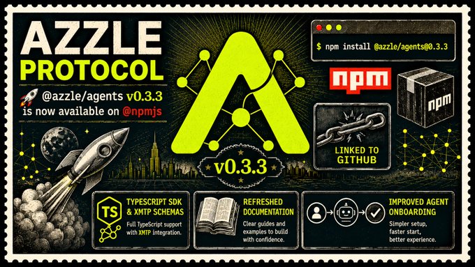 A promotional graphic for AZZLE PROTOCOL announcing that @azzle/agents v0.3.3 is now available on npm, featuring the npm install command, a rocket, and highlights like 'TypeScript SDK & XMTP Schemas,' 'Refreshed Documentation,' and 'Improved Agent Onboarding,' along with 'Linked to GitHub'.