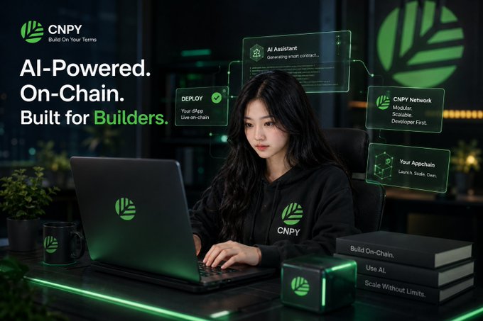A promotional banner for CNPY Network featuring the tagline 'AI-Powered. On-Chain. Built for Builders,' showing a young woman at a laptop surrounded by holographic UI elements including 'AI Assistant - Generating smart contract,' 'CNPY Network - Modular, Scalable, Developer-First,' and 'Your Appchain - Launch. Scale. Own.'