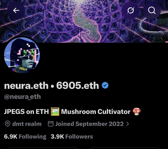 A Twitter/X profile screenshot shows the account 'neura.eth • 6905.eth' (@neura_eth), described as 'JPEGS on ETH 🖼 Mushroom Cultivator 🍄', joined in September 2022, with 6.9K Following and 3.9K Followers.