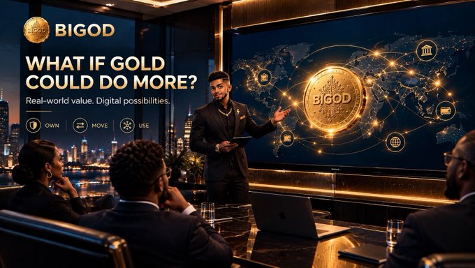 A promotional image for BIGOD cryptocurrency featuring the text 'WHAT IF GOLD COULD DO MORE?' and 'Real-world value. Digital possibilities.' with 'OWN', 'MOVE', and 'USE' icons, showing a presenter displaying a golden coin on a screen to an audience.