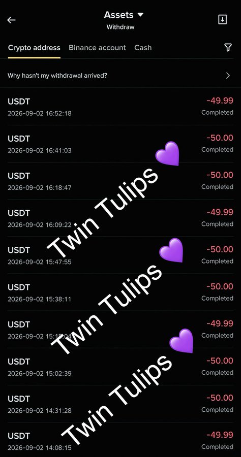 A crypto withdrawal history lists completed USDT deductions of 49.99 or 50.00, including the overlaid text and heart emojis “Twin Tulips.”