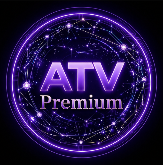 The image displays a glowing purple circular logo featuring the text "ATV Premium" surrounded by a constellation-style network of connected nodes and lines, visually representing the new premium membership tier announced in the ATV Tokens mechanism update.