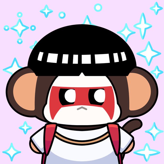 A cartoon monkey NFT character wearing a black helmet with a red face/mask and white and red outfit against a pink background with sparkles.