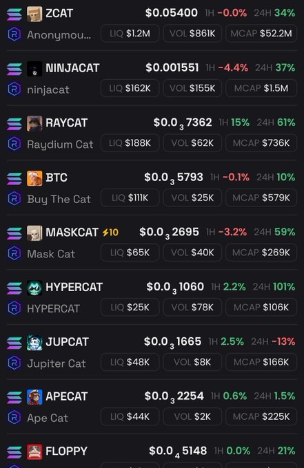 A cryptocurrency trading interface displaying a list of cat-themed Solana meme tokens including ZCAT, NINJACAT, RAYCAT (Raydium Cat), BTC (Buy The Cat), MASKCAT, HYPERCAT (HYPERCAT), JUPCAT (Jupiter Cat), APECAT (Ape Cat), and FLOPPY, along with their prices and 1-hour/24-hour percentage movements.