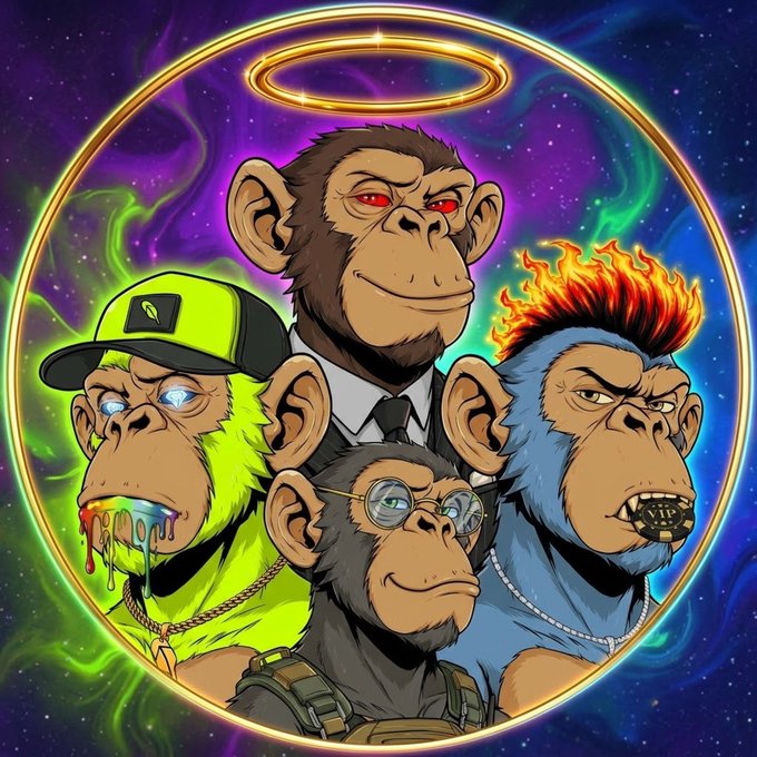 A digital artwork features four cartoonish chimpanzee characters with distinct styles—including a cap, golden halo, and flaming hair—set against a swirling cosmic background.